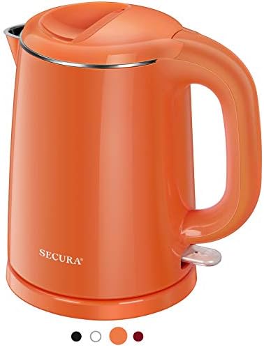 Secura Stainless Steel Double Wall Electric Kettle Water Heater for Tea Coffee w/Auto Shut-Off and Boil-Dry Protection, 1.0L (Orange) SWK-1001DO/HB-K012