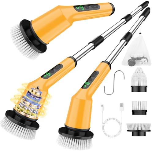 Electric Spin Scrubber for Bathroom, Shower Scrubber with Long Handle | Shower Cleaner Brushes, IPX7 Waterproof & 2 Speed, 3 Brush Heads, 90min Runtime, Bathroom Cleaning Supplies for Toilet Tub