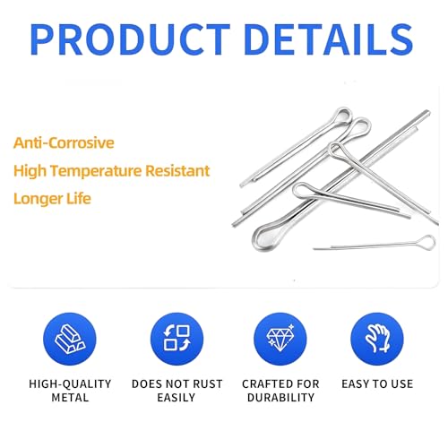 50 Pcs Cotter Pins Assortment Kit R Clips retaining pin | Heavy Duty R Clips Hardware Pins, 5 Sizes Spring Fasteners, Hitch Pin for Trailer Locking