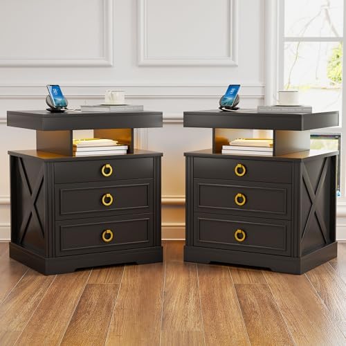 Lockable Night Stand with Gun Drawer,Charging Station,LED Lights,White | LED Nightstand with Charging Station,Farmhouse Bedside Table with 3-Color Light,End Table with 3 Drawers,Bedroom
