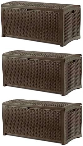 Suncast Outdoor Storage Box - 73 Gallon Mocha Brown Deck Box for Patio, weather-resistant Outdoor Storage Bench, Resin Wicker Style, Heavy-Duty, Lockable Lid for Cushions, Shoes, Pool & Garden Gear
