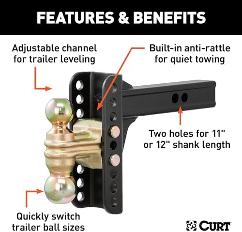 CURT 45900 Adjustable Dual-Ball Channel Mount, 2" Shank, 6" Drop | 2" Ball Rated 10, 000 lb, 2-5/16" Ball Rated 14, 000 lb, 5-1/4" Rise