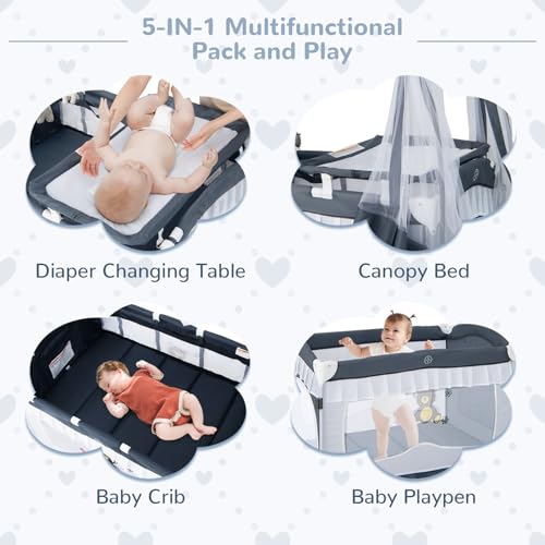 HONEY JOY 4-in-1 Pack and Play with Canopy, Portable Baby Playard w/Changing Table and Infant Bassinet Cute Toys & Music