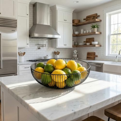 Yesland 2 Pack Metal Wire Fruit Basket- 11 Inches Black Kitchen Countertop Fruit Bowl Vegetable Holder for Bread, Snacks