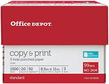 Office Depot® 3-Hole Punched Multi-Use Printer & Copy Paper, 3 Reams, White, Letter (8.5" x 11"), 1500 Sheets Per Case, 20 Lb, 92 Brightness