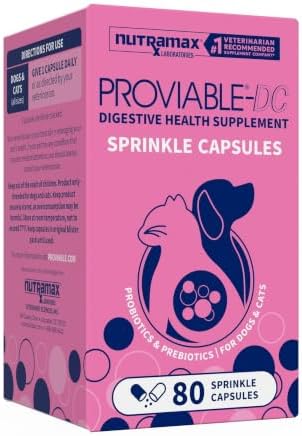 Nutramax Proviable Probiotics + Prebiotics, for Dogs & Cats, Capsules, 80ct | Probiotics and Prebiotics for Cats and Dogs, Daily Gut Health Support Supplement, Multiple Strains, Sprinkle on Food