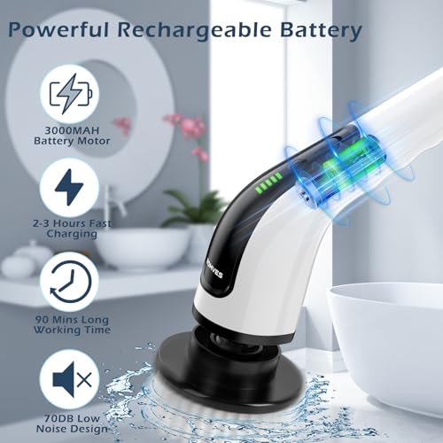 Electric Spin Scrubber, Power Shower Cleaning Brush with Long Handle | Cordless Cleaning Scrubber, 7 Replaceable Brush Heads, 90Mins Work Time