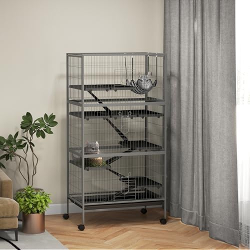 PawHut Metal Small Animal Cage, 4-Tiers Rolling Big Ferret Cage, Gray
