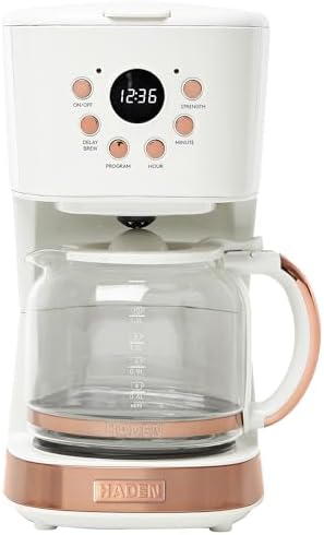 HADEN 12-Cup Programmable Coffee Maker for Home or Office, Putty & Chrome – Drip Brewer Machine with Brew Strength, Delay Brewing