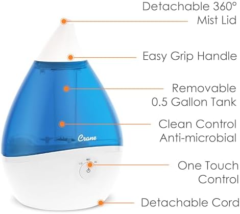 Crane Droplet Ultrasonic Small Air Humidifiers for Bedroom and Office, 0.5 Gallon Cool Mist Humidifier for Plants and Home, Humidifier Filters Optional, Blue and White
