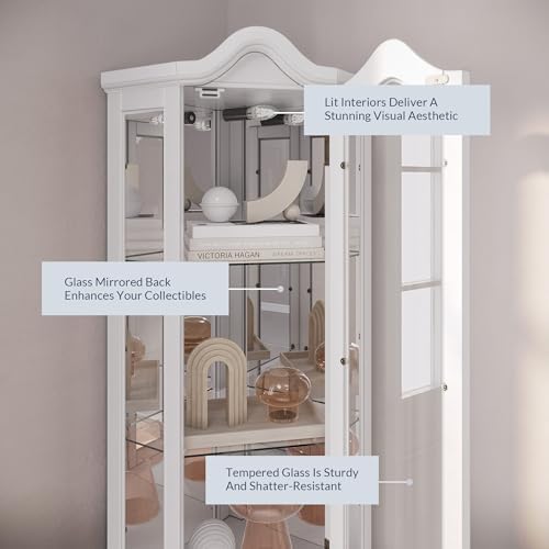 BELLEZE Lighted Corner Display Curved Top Curio Cabinet Wooden Shelving Unit with Tempered Glass Door