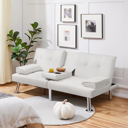 Yaheetech Convertible Futon Sofa Bed Loveseat with Cup Holder, Black