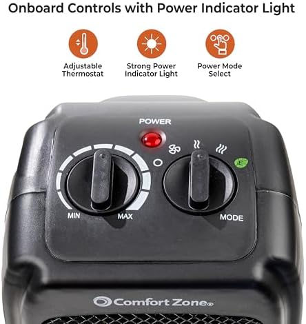 Comfort Zone CZ442E Personal Energy Save Ceramic Heater - 1500W Portable with Adjustable Thermostat, Tip-Over Switch & Overheat Protection, Black