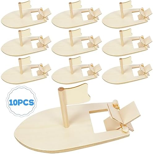 Amersumer 10 Pcs DIY Toy Wood Boat Craft Kits, Mini Wooden Sailboat Kits, Paddle Boats Paint and Decorate for School Projects
