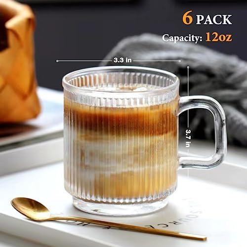 Qipecedm 6 PACK Premium Glass Coffee Mugs with Handle, 12 OZ Classic Vertical Stripes Glass Coffee Cups, Transparent Tea Cup for Hot/Cold Beverages