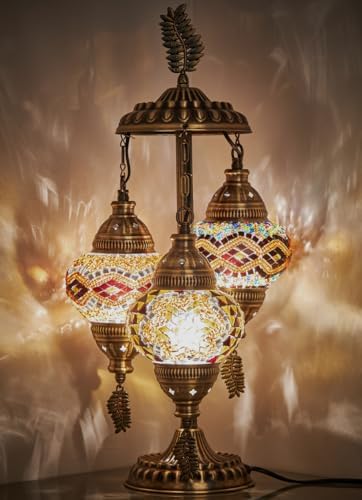 DEMMEX 3-Globe Turkish Moroccan Table Lamp, Tiffany Mosaic Glass Bedside Night Light, Handmade Colorful Mosaic Glass Globes & Antique Brass Finish Base, 21" H, Multicolor