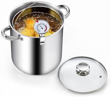 Cook N Home Basics 4-Quart Deep Fryer Pot with Basket, Japanese Tempura Small Stainless Steel Frying Pot with Oil Drip Drainer Rack, Glass Lid, Suitable for Kitchen French Fries, Chicken