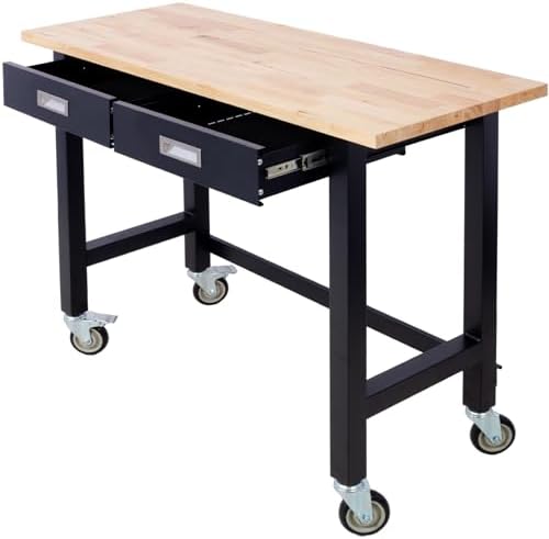 Work Bench, Workbench with Drawer Storage, Heavy Duty Bamboo Wood Work Table with Wheels for Garage Home Office (48 Inch)