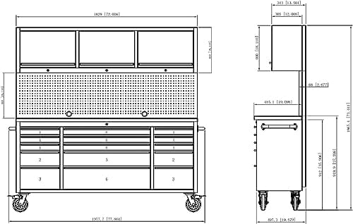 72-inch Tool Chest Cabinet Rolling Garage Workbench with 15 Storage Drawers and Wheels, 3 Upper Cabinet, Pegboard, Steel Large Tool Box,Matte Black