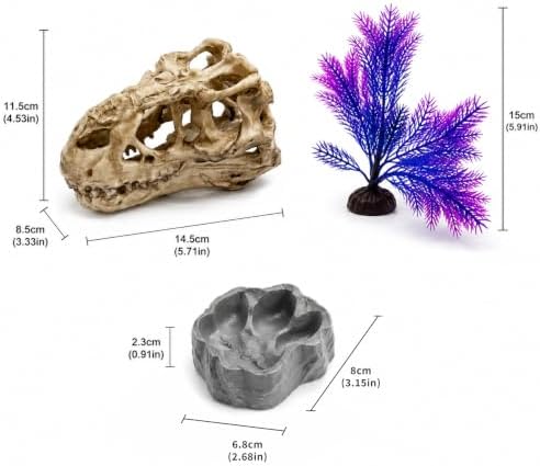 Reptile Tank Accessories Set, Dinosaur Skull Decor with Footprint Reptile Bowl and Artificial Plant, Bearded Dragon Tank Accessories