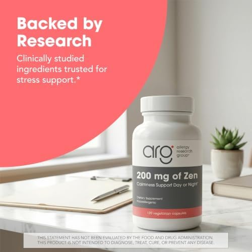 Allergy Research Group ARG 200 mg of Zen - Supports Calm and Stress Balance - Delivers 200 mg L-Theanine & 550 mg GABA per Serving - Vegetarian & Hypoallergenic - 60 Servings - 120 Capsules