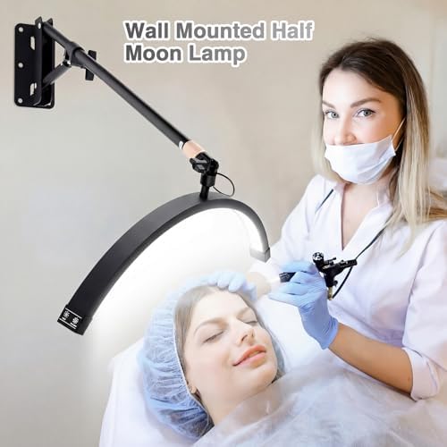Wall Mount Lash Lamp Half Moon Shaped LED Lash Nail Light Cool/Warm Modes Adjustable Angle and Height for Barbershop Eyelashes Nail Eyebrows Tattoo