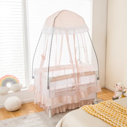 HONEY JOY 4-in-1 Pack and Play with Canopy, Portable Baby Playard w/Changing Table and Infant Bassinet Cute Toys & Music