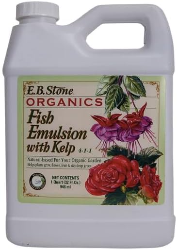 EB Stone Organics Fish Emulsion with Kelp 4-1-1 Liquid Fertilizer, 1 Quart - Organic Plant Food for Vegetables, Flowers