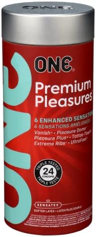 ONE® Premium Pleasures™ Condoms | 6 Pleasure-Enhancing Styles | Variety Pack | Ultra Thin Latex Condoms | Extra Lubricated | Triple Tested