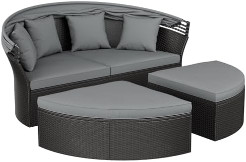 Outdoor Patio Furniture Canopy Daybed Round Sofas, 4 Pieces Seating Separates Cushioned Seats, Black Wicker, Lawn Poolside Garden, Grey
