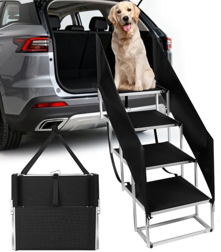Deergym Dog Stairs for Large Dogs - 5 Step Wide 16in High 34in Foldable Dog Ramp for Car Non-Slip Surface Support up to 230lbs - Suitable for SUV,Truck, Sofas, Bed