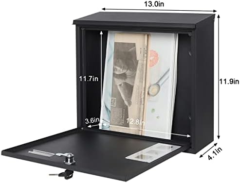 Decaller Large Capacity Mailbox with Key Lock, Wall Mount Metal Mail Box with Newspaper Compartment for Outside, 14.4" x 13" x 4.2", 938 Black