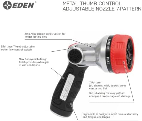 Eden Metal 7-Pattern Hose Nozzle: Thumb Control, Heavy-Duty Zinc Alloy