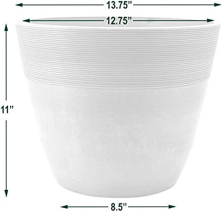 PSW Pot Collection 12-inch Plastic/Stone/Wood Composite Large Ribbed Planter – No Drainage Hole (Drillable), Indoor/Outer Garden Pot for Foliage