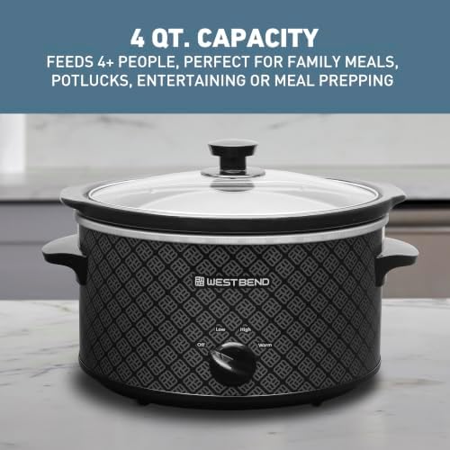 West Bend Slow Cooker 4-Quart Manual Crockery Style with Dishwasher Safe Oval Ceramic Crockpot and Glass Lid Two Temperature Settings Plus Keep Warm, 210-Watts, Black