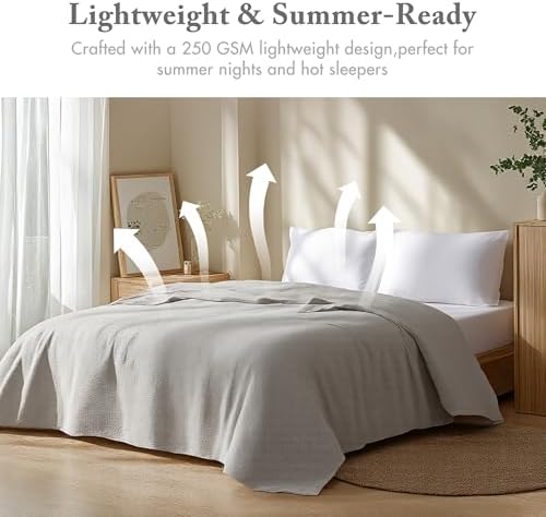 Madison Park 100% Cotton Breathable Queen Size Blanket for Bed, Blue | Freshspun Basketweave, All Season, Farmhouse Classic Bed Cover Full for Summer, OEKO TEX, Warm Home Essential For Couch, Sofa