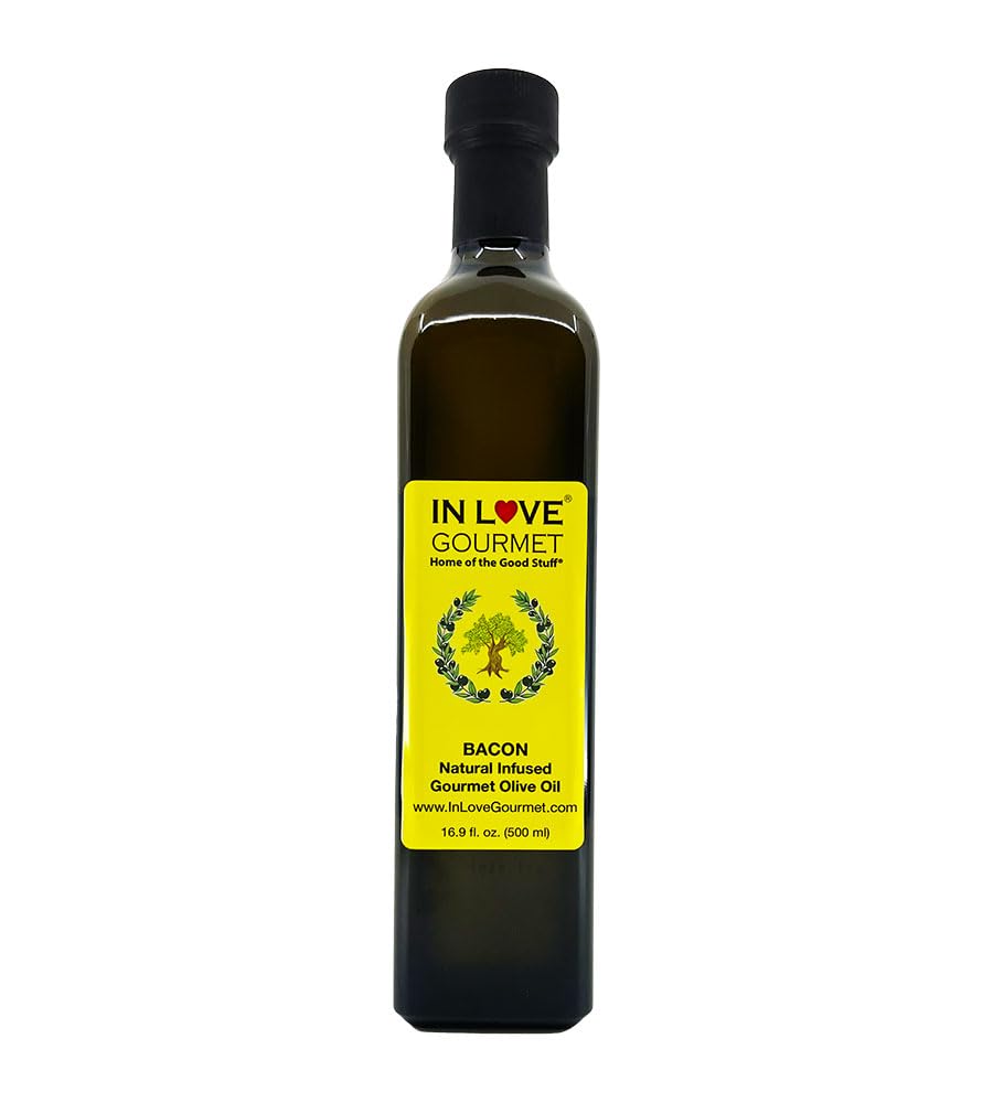 In Love Gourmet Bacon Natural Flavor Infused Olive Oil 500ml-16.9oz Best Bacon Oil Choice for Meats, Veggies, Popcorn & Breads
