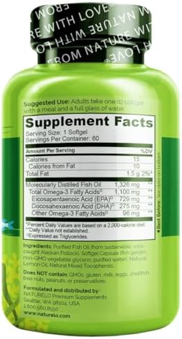NATURELO Burpless Omega 3 Fish Oil Supplement, 1100mg, 60 Softgels | Triglyceride omega-3, omega 3 DHA EPA, liquid fish oil, 2 months supply