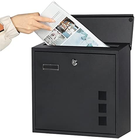Decaller Large Capacity Mailbox with Key Lock, Wall Mount Metal Mail Box with Newspaper Compartment for Outside, 14.4" x 13" x 4.2", 938 Black