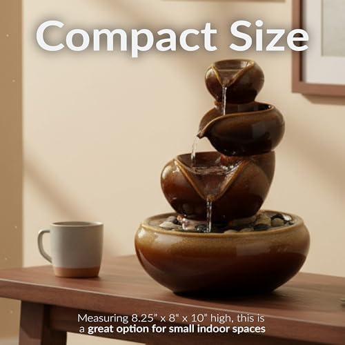 Sunnydaze 10" Tiered Vessels Ceramic Tabletop Fountain, Smooth Glaze, Brown