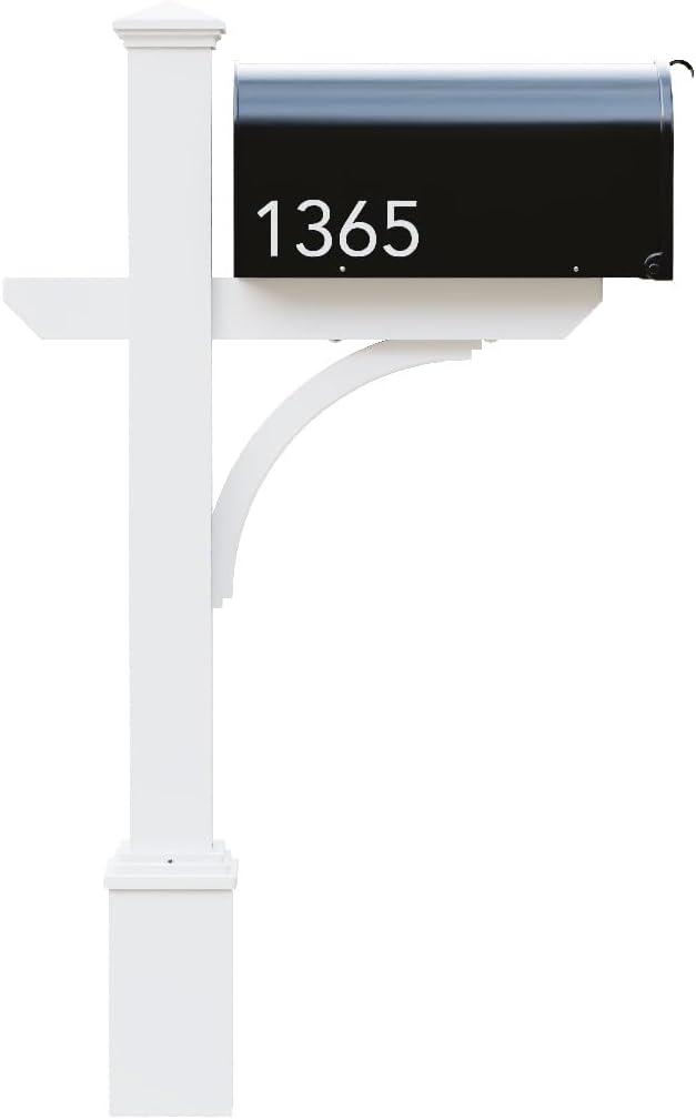 Argonne White Post & Black Mailbox (Large) | Personal curbside mailbox system features a large black aluminum mailbox, sturdy white square post, and custom house numbers.