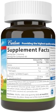 Carlson Vitamin D3 Gummies, 1000 IU (25 mcg), 60 Vegetarian Gummies | Mixed Fruit; Bone Health; Calcium Absorption; Non-GMO