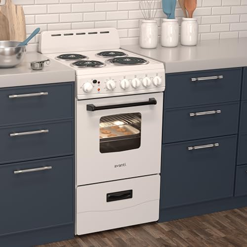 Avanti Electric Range Oven Compact Design, 2.1-Cu.Ft. Capacity with 4 Coil Burners, Framed Glass Oven Door, Storage Drawer and Broiler with Pan, 20-Inch, White