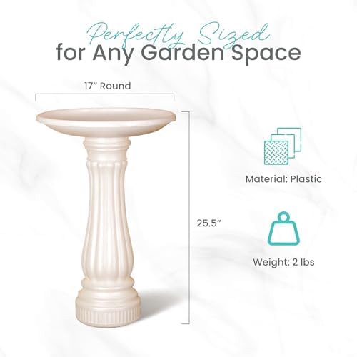 Union Products Bird Bath for Outside, Round Outdoor Patio Lawn and Garden Decor with Fillable Base for Stability, 17"D x 25"H, White