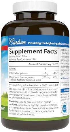 Carlson Chelated Magnesium Glycinate, 200 mg, Muscle Function, 180 Tablets | Superior Absorption; Bone Support