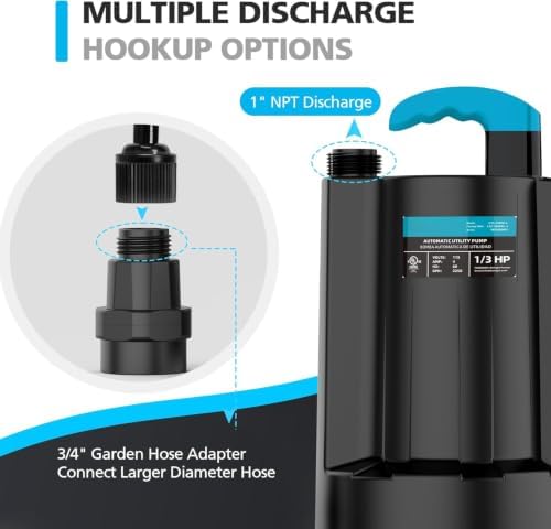 LEO 1/3 HP Automatic Sump Pump, 2250GPH Submersible Utility Pump, 10ft Cord | Water Pump with 3/4” Garden Hose Check Valve Adapter, Water Removal for Pool Draining Basement Hot Tubs Garden