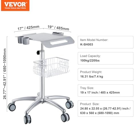 VEVOR Medical Trolley with Wheels - Height Adjustable Gas Lift, Large Tabletop 19"×17", Stainless Steel Rolling Laptop Cart with Storage Basket