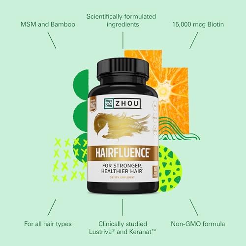 Zhou Hairfluence Supplement - 60 Veggie Capsules (Pack of 1) | Vegan Biotin Supplement for Hair Growth for Men & Women, Supports Stronger & Healthier Hair & Nails