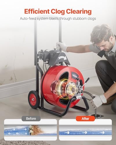 VEVOR Drain Cleaner Machine 75 FT x 3/8 Inch, Auto Feed Sewer Snake Auger on Wheels, Portable Drain Cleaning Machine with 4 Cutters & Air-activated Foot Switch for 2" to 4" Pipes
