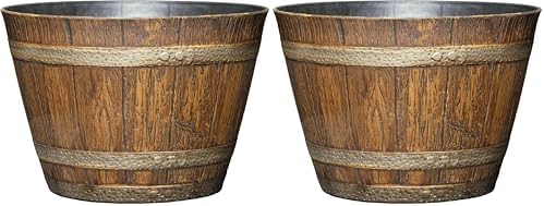 Classic Home and Garden Outdoor Round Whiskey Resin Flower Pot Barrel Planter, Distressed Oak Brown, 20.5" (Pack of 3)